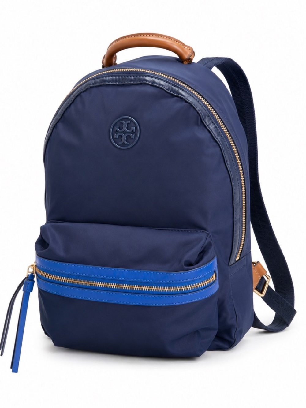 Tory Burch Navy Backpack with Bright Blue Trim and Tan Handle